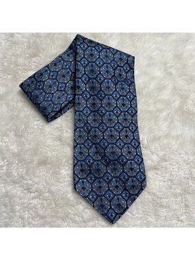 Vintage Christian Dior Monsieur Silk Tie Navy Blue Medallion Geometric Neat Prin